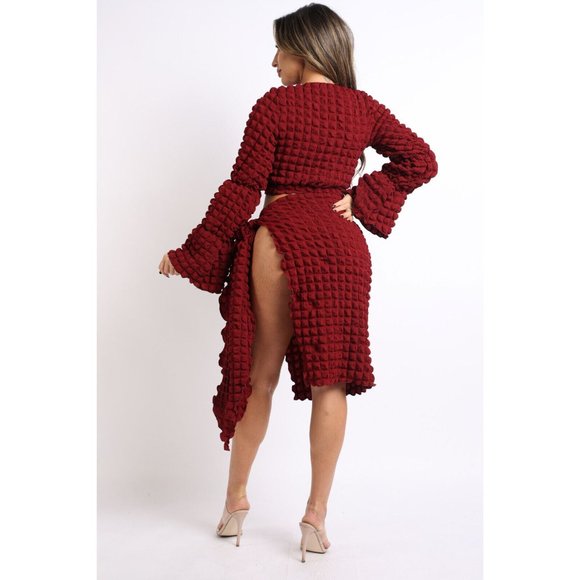 Women's Sexy Popcorn Long Sleeve Top And Matching Side Tie Mini Skirt 2 Pcs Set - Picture 14 of 14